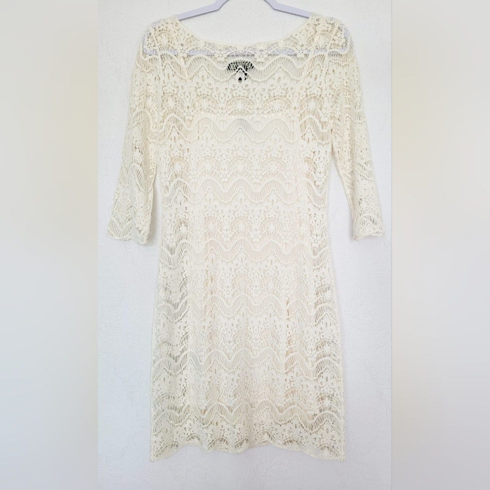 Ralph Lauren 100%Cotton White Crochet Sheath Dress 3/4 Sleeve Crew Neck Lined M - Picture 5 of 16